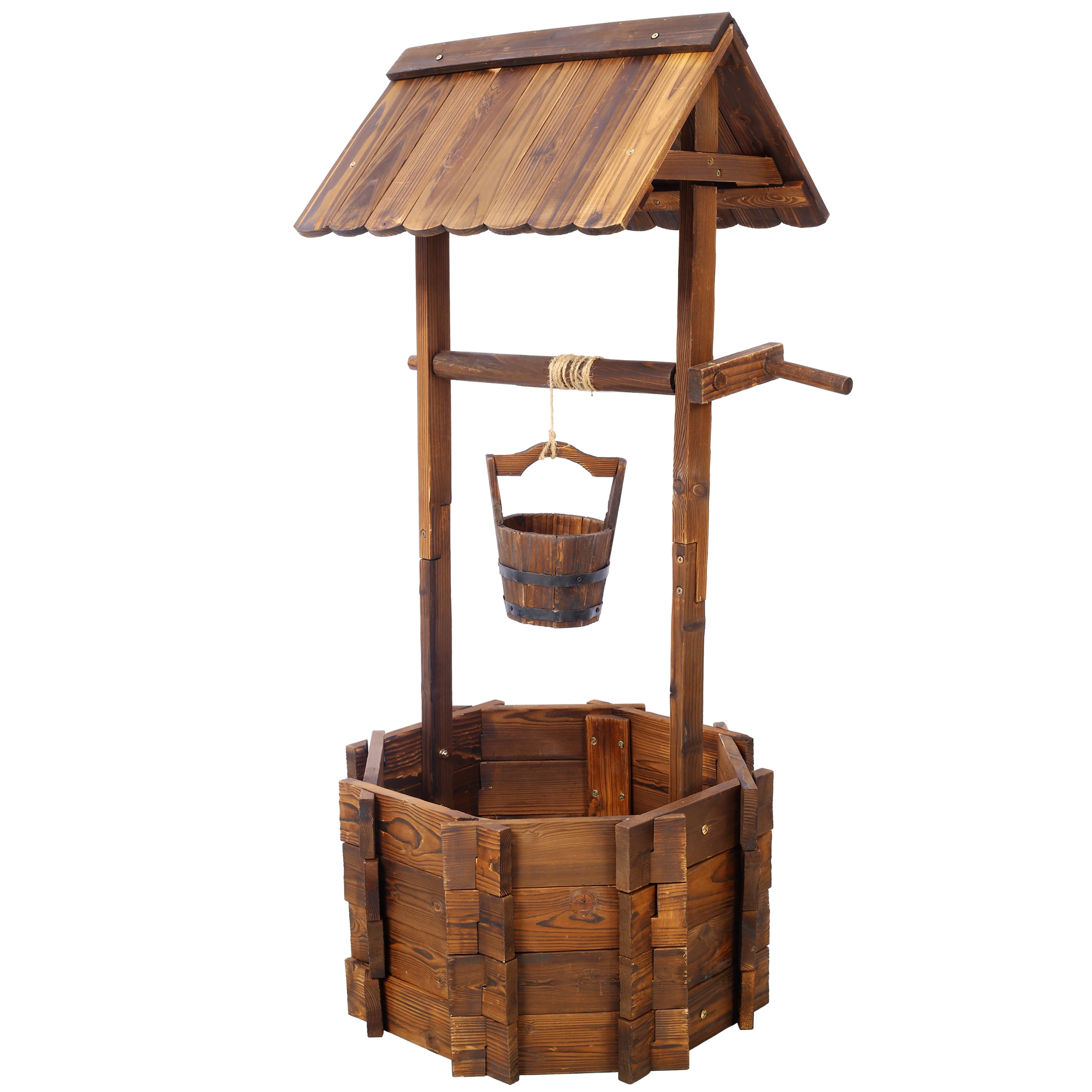 Retro Wishing Well Planter, Rustic Wooden Garden Decor Flower Pot with Hanging Bucket for Yard Patio, Brown