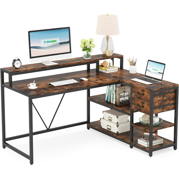 Tribesigns L Shaped Desk with Drawer, Corner Desk Home Office Table with Storage Shelves and Monitor Stand, Rustic Wooden and Metal PC Desk for Small Space