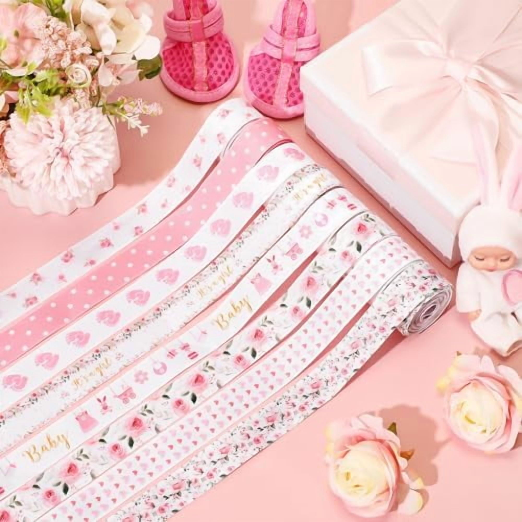8 Rolls Floral Baby Shower Ribbon 7/8 Inch It's a Girl Baby Craft Ribbon Pink Rose Flower Print Grosgrain Ribbon for Gift Wrapping Baby Shower Gender Revel Party Diaper Cake Decor, 40 Yard Total