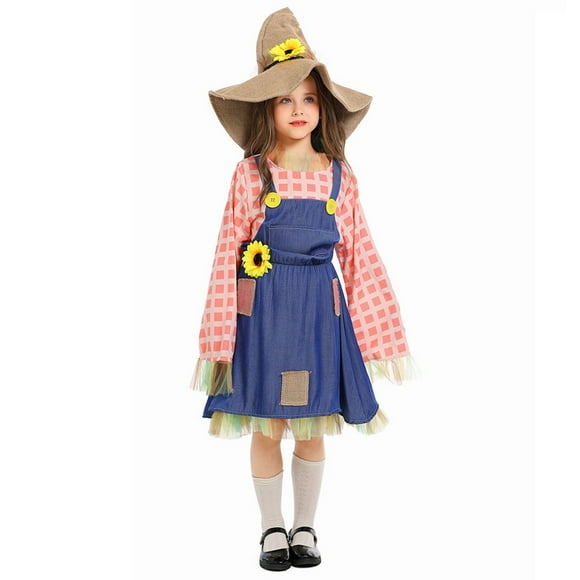 YOUSNH Halloween Blue Two Girls Puppet Plaid Dress with Floral Patch Straw Dress Girls Dresses Blue L