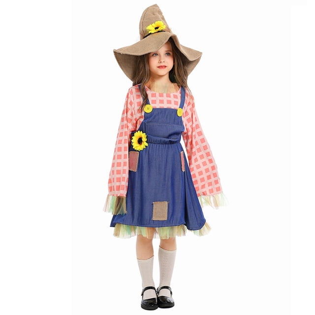 WEAIXIMIUNG Robes d'Été Mignonnes pour Enfants 7-8 Bleu Deux Filles Robe à Carreaux avec Patch Floral Robe en Paille