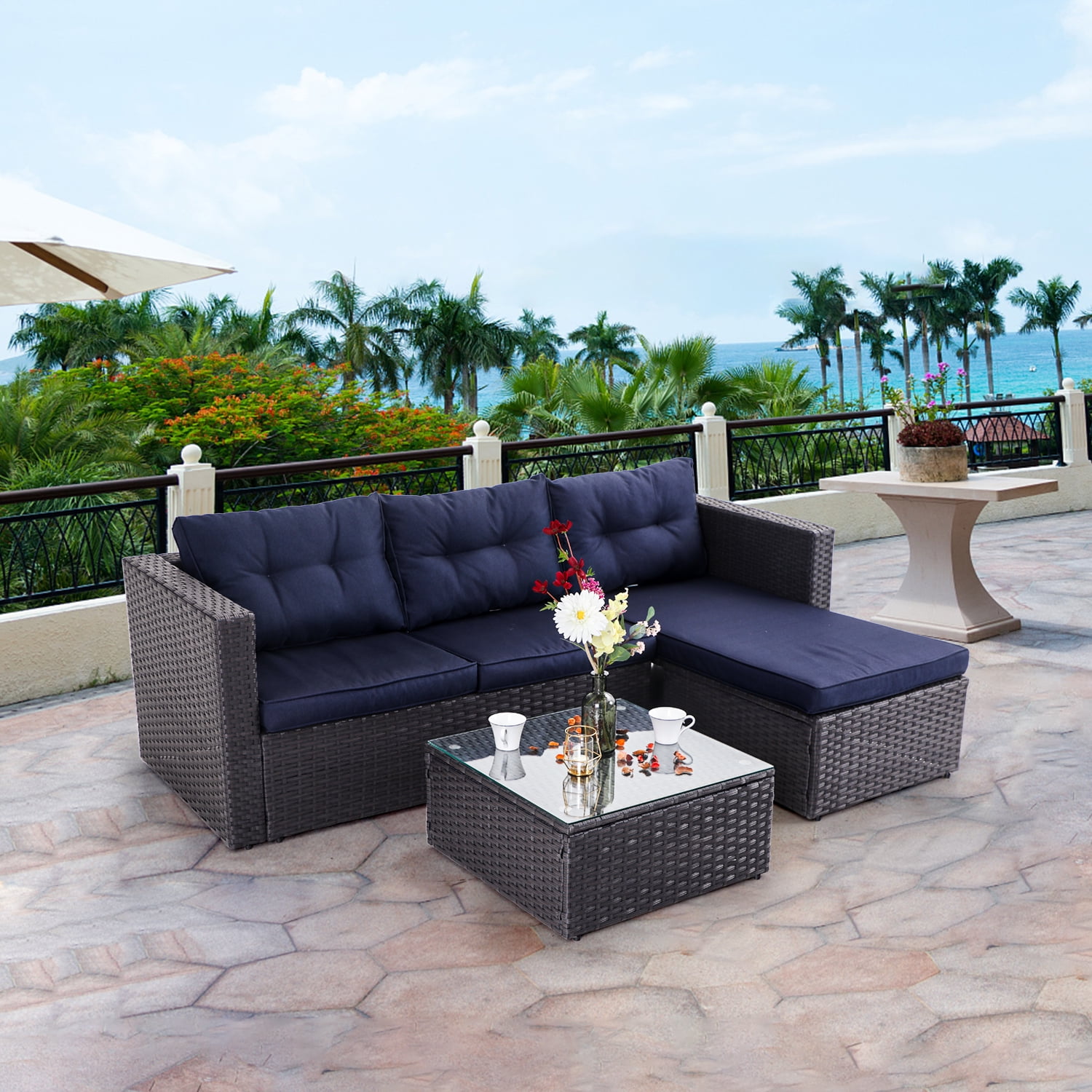 MF Studio 3 Piece Outdoor Rattan Sectional Sofa- Small Patio Wicker