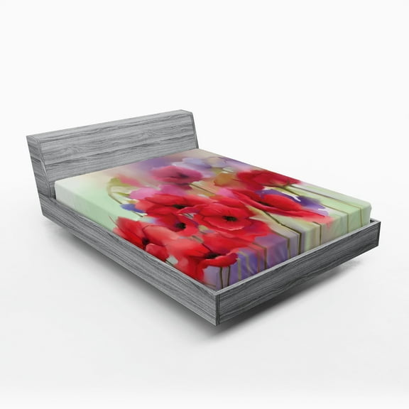 Ambesonne Poppy Flower Fitted Sheet, Spring Flowers Romance, Queen Size, Lavender and Red