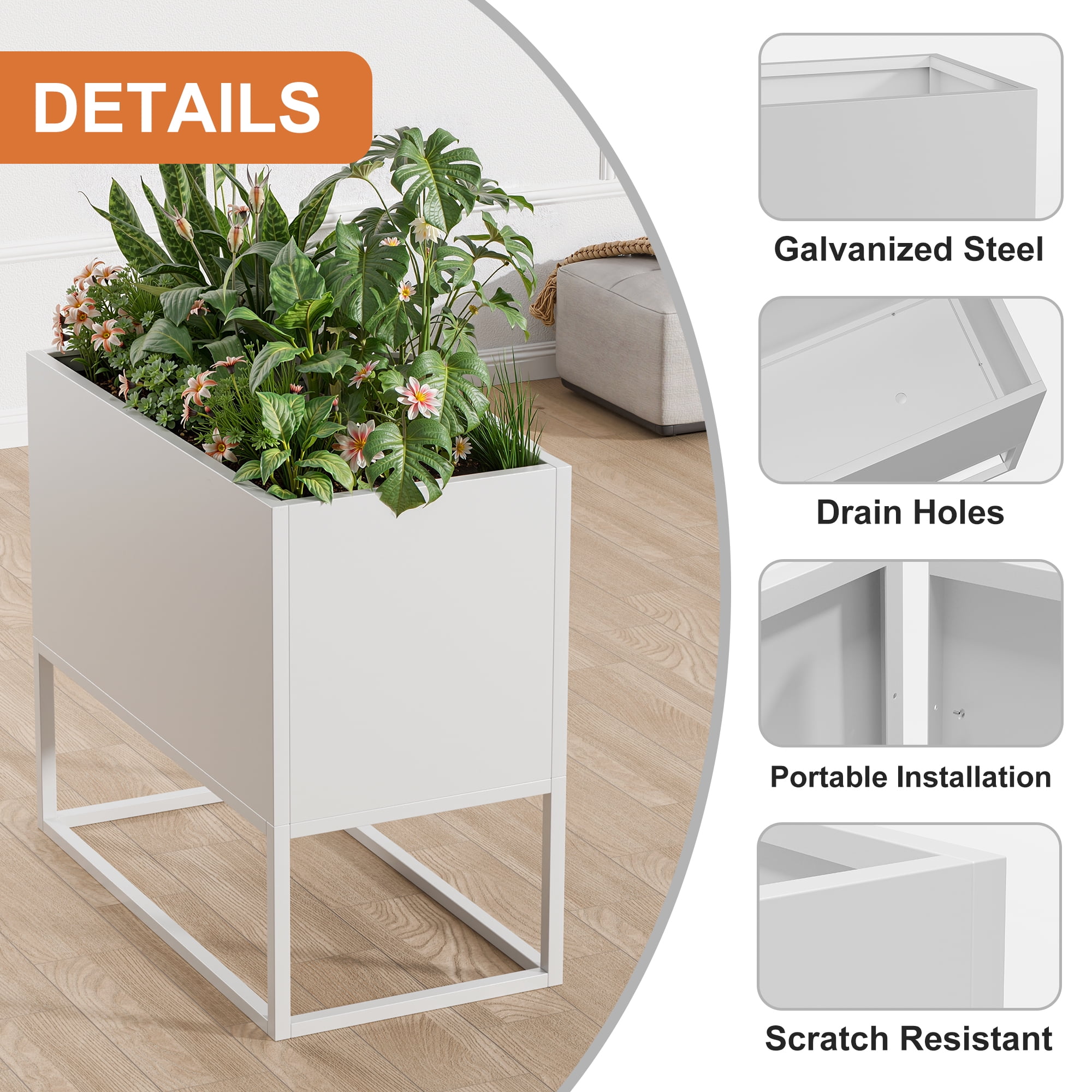 MAYEERTY 36*18"Large Metal Planter with Shelves&Drainage Holes for Tall Plants&High-Traffic Areas,White
