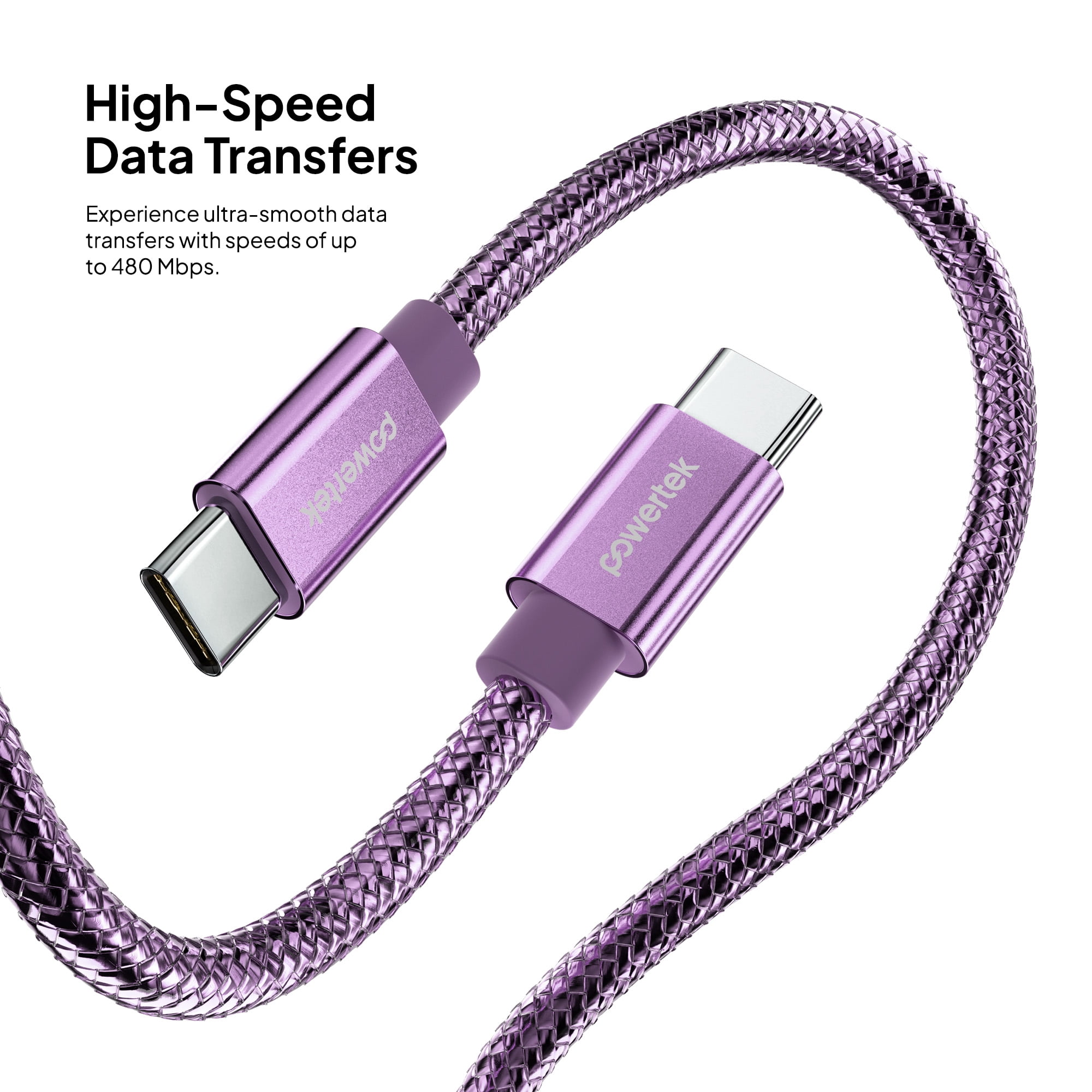 Powertek Luxe 6ft USB-C to USB-C Cable, Purple, Fast Charge & Sync, Metallic Mesh PVC Jacket, Durable Tangle-Free Design