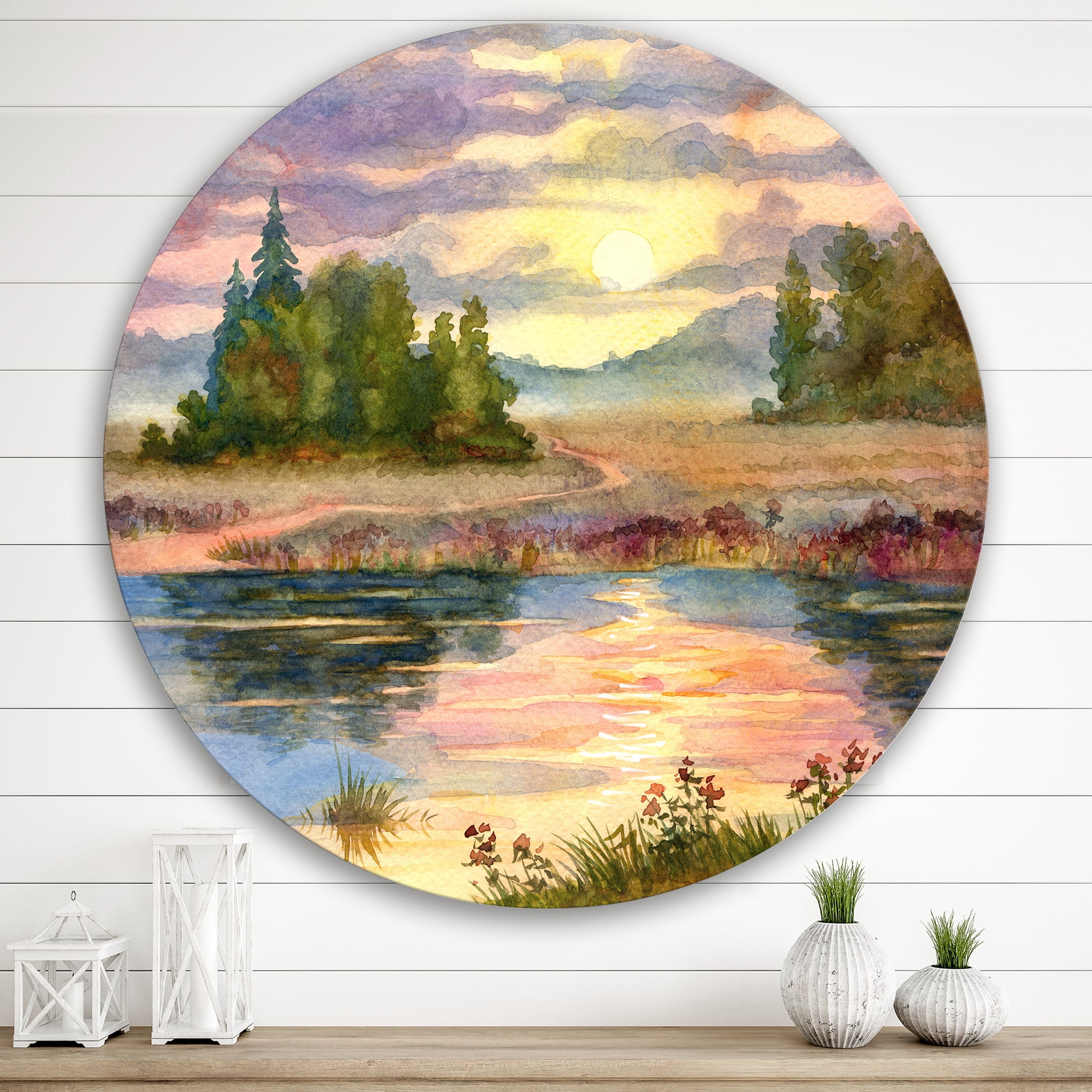 Designart 'The Rural Lake In Sunset Evening I' Traditional Circle Metal Wall Art 36x36 - Disc of 36