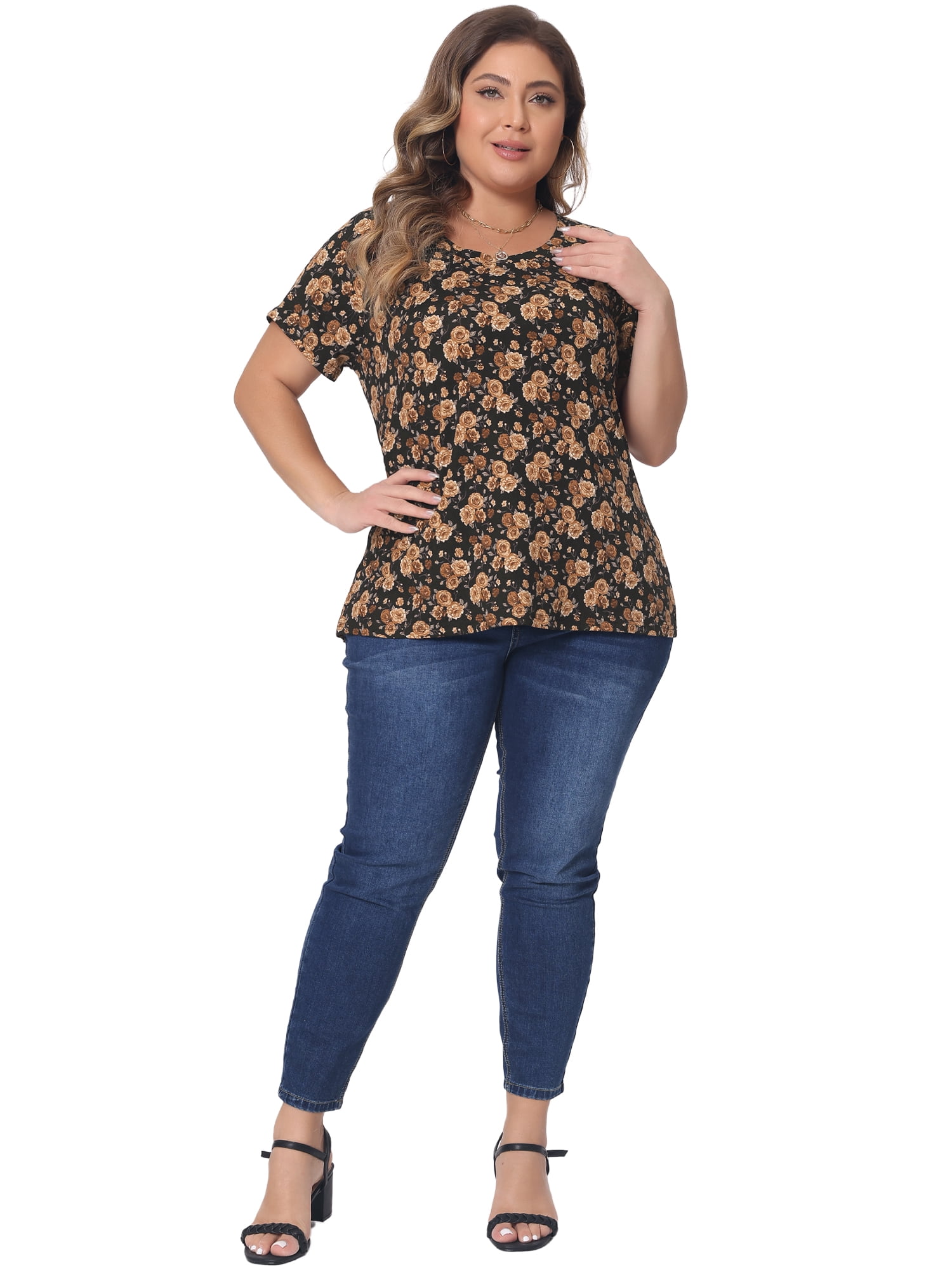 Women's Plus Summer Casual Floral Top Blouse Round Neck Short Sleeve Tee 2X Brown