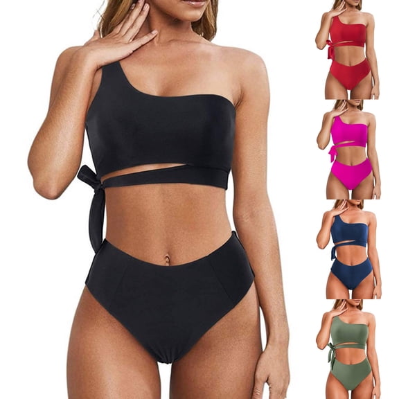 UTSJKR Women's One Shoulder Swimsuits High Waisted Bikini Swimwear Summer Fashion Tie High Cut Two Piece Bathing Suits Black S