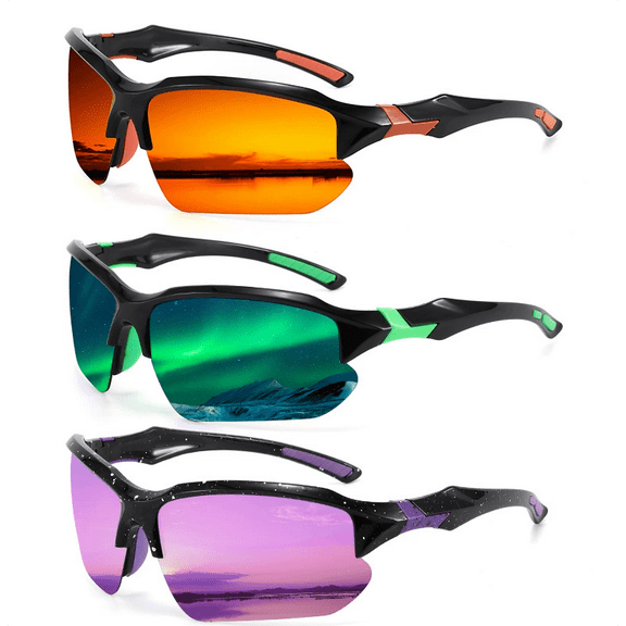 3 Pairs ( Red Green Purple ) Outdoor Sports Polarized Sunglasses for Men Polarizing Half Frame Windproof Cycling Sun Glasses Women Surfing Goggles