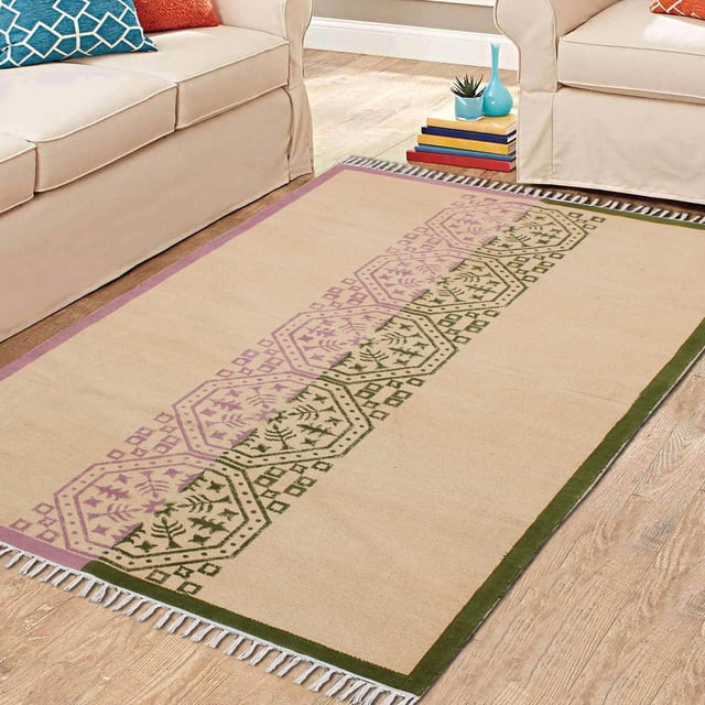 Casavani Eco-Friendly Rug Natural Cotton Rug, Green 4x4 feet