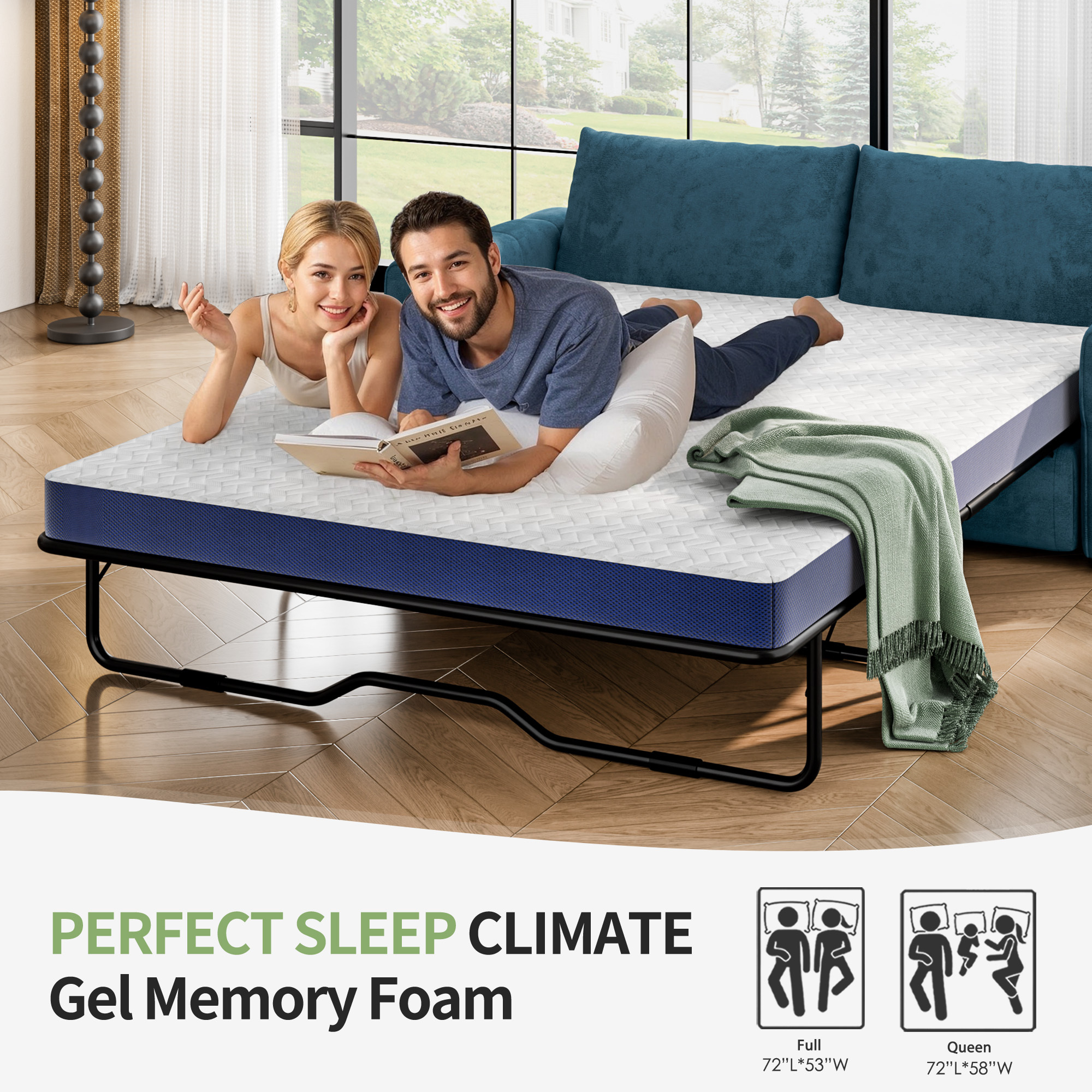 4 Inch Memory Foam Mattress Full Size, Pull-out Sofa Replacement Mattress with Removable Washable Cover, for Couch Beds Guest Rooms, Sofas, RVs & Boats,Blue(Sofa Not Included)