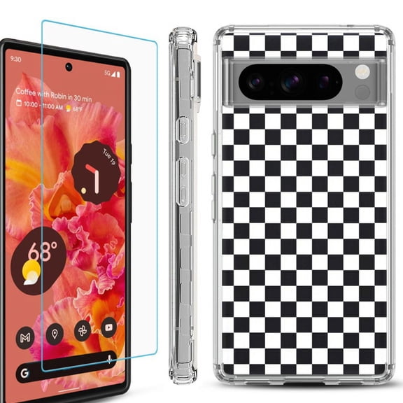 OneToughShield ® Compatible with Google Pixel 8 Pro, Shockproof Phone Case, with Tempered Glass Screen Protector - Checker B/W