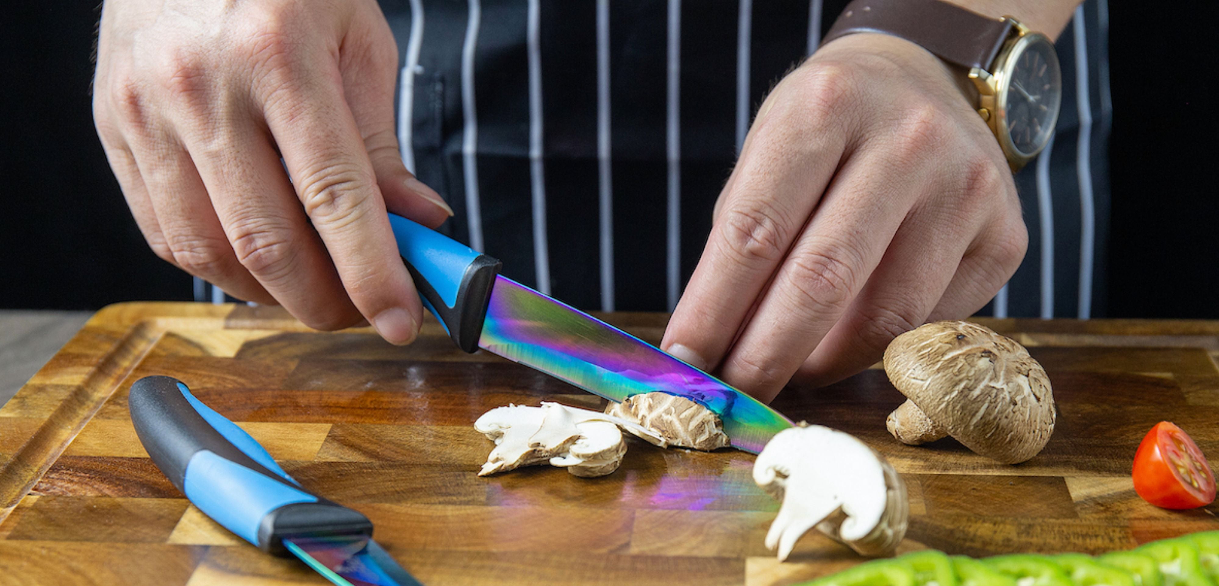SiliSlick Kitchen Knife Set, 5-Piece Rainbow Titanium Coated Blades with Magnetic Rack & Portable Sharpener, Dishwasher Safe