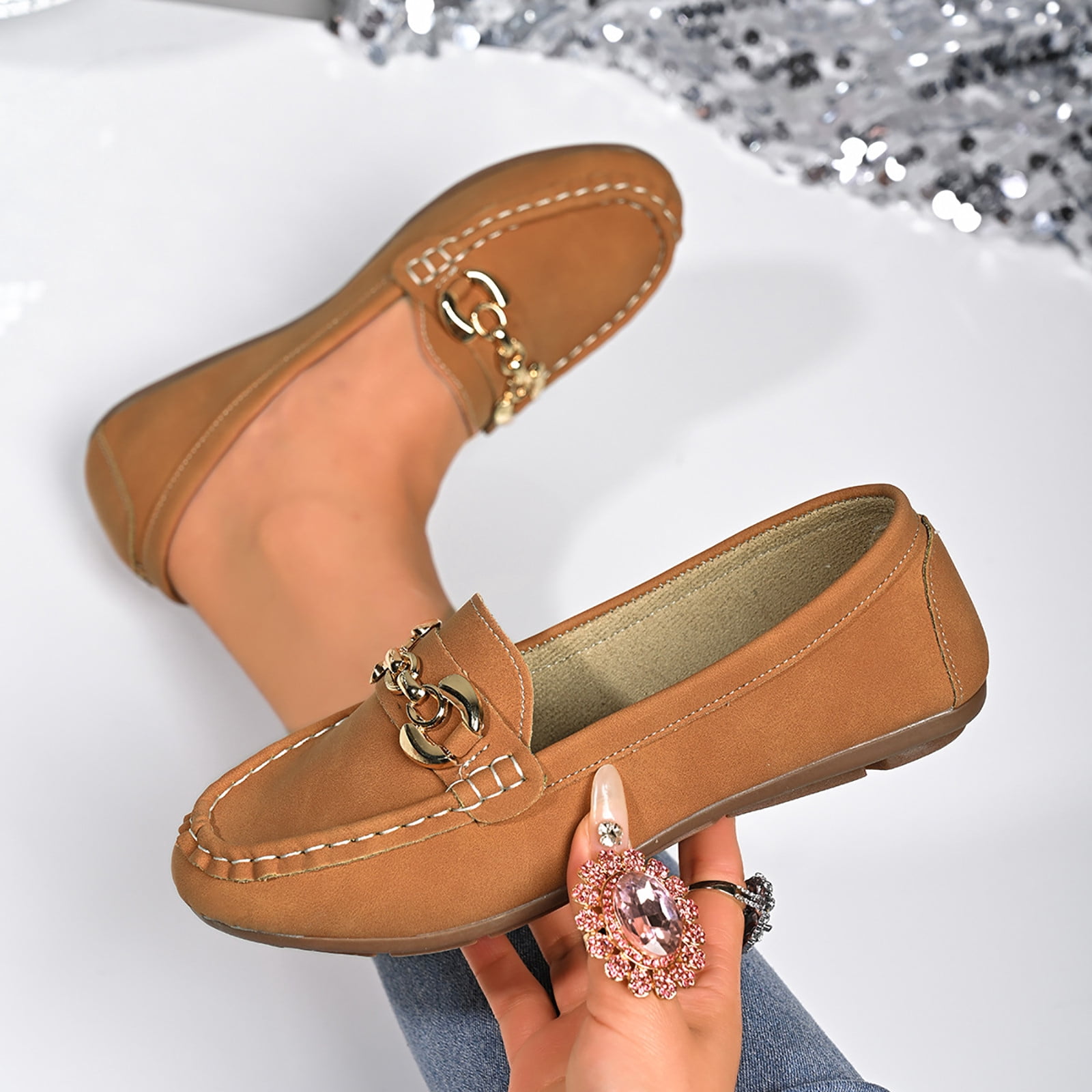Women's Loafers Wide Width, French Style Suede Metal Chain Flats for Women, Soft Sole Slip-On Casual Shoes, Brown/Teal/Red/Multi-Color