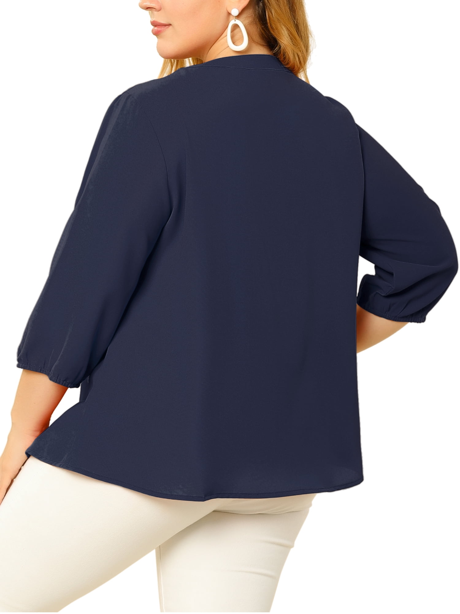 Unique Bargains Juniors' Plus Size Work Round Neck Ruffle Chiffon Blouse Top Navy Blue 3X
