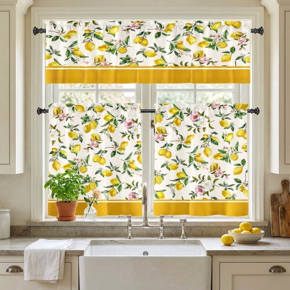 Lemon Kitchen Curtain Valance 3 Piece Set, Yellow Floral 54x18in Valance and 27.5x36in Tiers for Farmhouse Decor