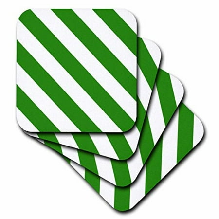 - 3dRose Dark bottle Green and white diagonal stripe pattern. Striped stripy bold simple retro monochrome, Ceramic Tile Coasters, set of 4