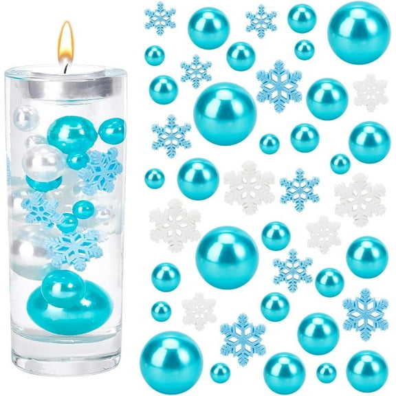 Floating Pearls for DIY Centerpiece 144PCS No Hole Pearls for DIY Vases 10/14/20/30mm Assorted Pearl Craft Beads with 20pcs Small Resin Snowflake Cabochons for DIY Christmas Wedding Party Decor