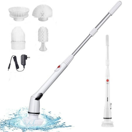 Electric Spin Scrubber, Power Scrubber Rechorgeable Cordless Tub Tile Scrubber with 4 Replaceable Cleaning Brush Heads Extension Handle and Adapter for Bathroom Kitchen Tiled Wall (Best Mop For Kitchen Tile Floor)
