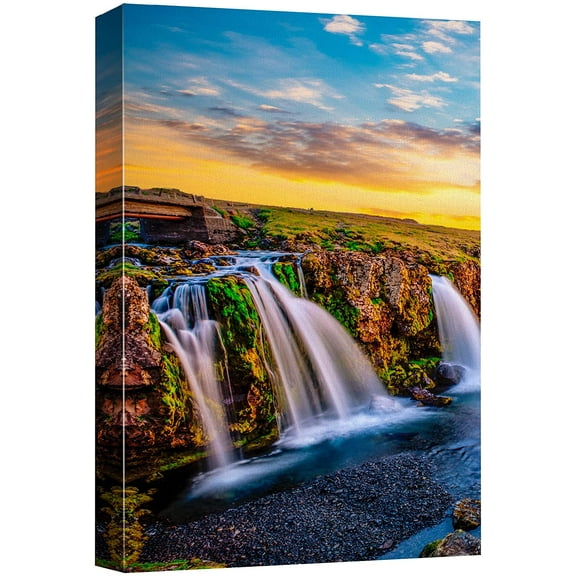 wall26 Canvas Print Wall Art Summer Sunset Scenic Mountain Waterfall Nature Wilderness Photography Realism Decorative Landscape Relax/Calm Zen Multicolor for Living Room, Bedroom, Office - 16"x2