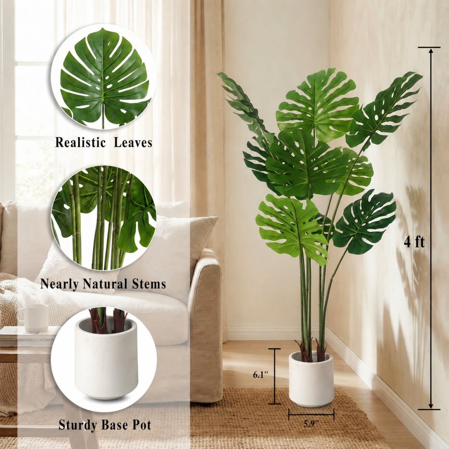 Easy4Home 4FT Artificial Plant Fake Tropical Potted Tree Indoor Faux Floor Plant for Home Office Decor, White Pot