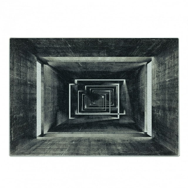 Dark Grey Cutting Board, Architecture Perspective Tunnel Interior Grungy Corridor Construction, Decorative Tempered Glass Cutting and Serving Board, Small Size, Black Beige White, by Ambesonne