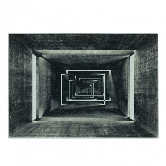 Dark Grey Cutting Board, Architecture Perspective Tunnel Interior Grungy Corridor Construction, Decorative Tempered Glass Cutting and Serving Board, Small Size, Black Beige White, by Ambesonne