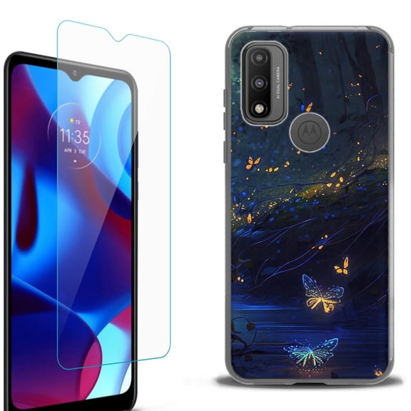 Slim-Fit Fashion Phone Case for Motorola Moto G Pure, with Tempered Glass Screen Protector, by OneToughShield ® - Fireflies Butterfly
