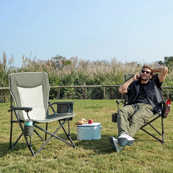 Oversized Folding Camping Chair, for Adults Heavy Duty Lawn Chair with Side Pockets, Portable Collapsible Quad Chair for Outside, Support Up to 500lbs, Green
