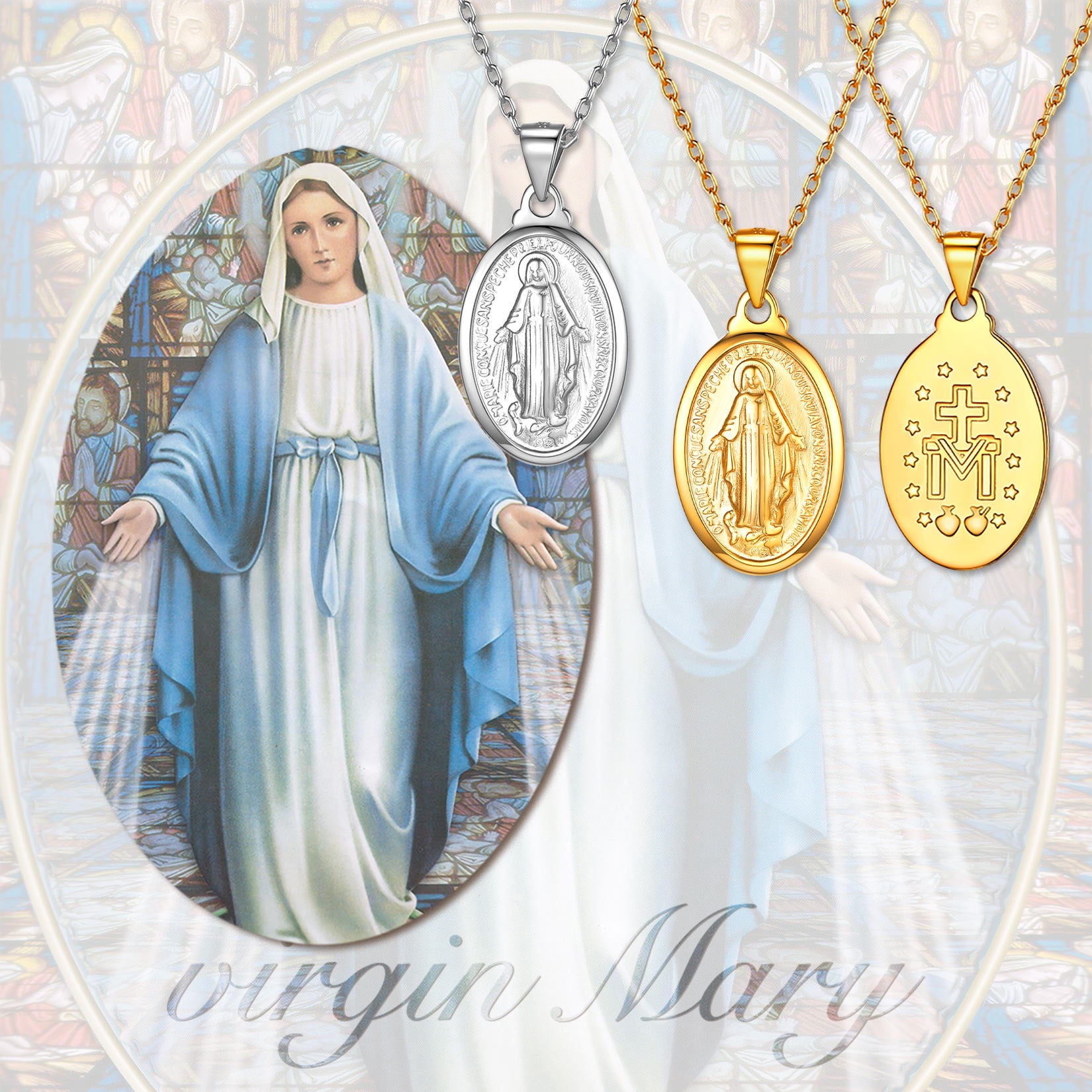 U7 Sterling Silver Virgin Mary Oval Pendant for Women Necklace Catholic Christian Cross 14K Yellow Gold Plated Chains