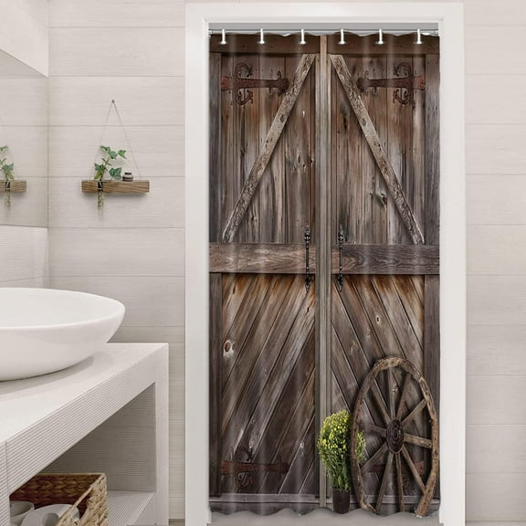 Rustic Barn Door Shower Curtains for Stall Cabin, Brown Woonden Board Farmhouse Bath Curtains, Vintage Countryside RV Shower Curtains for Campers Narrow Size Decor Curtains with Hooks 36X70IN