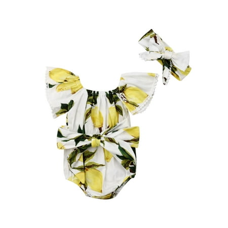 

Youweixiong Newborn Infant Baby Girls Summer Romper Short Sleeve Lemon Printed Ruffled Jumpsuit Bandage Headband 2Pcs Set