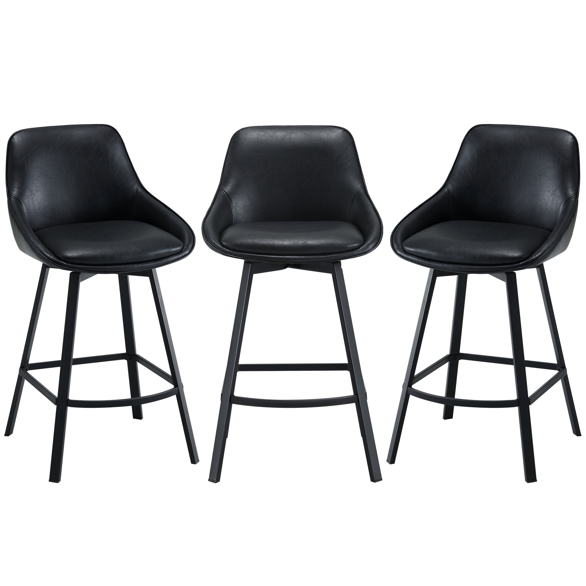 Zesthouse Swivel Bar Stools Set of 3, 25.6″ Faux Leather Counter Height Barstool with Backs, Upholstered Counter Stools, Modern Kitchen Chairs with Metal Legs, Black