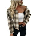 thumbnail image 4 of Tuphregyow Women Flannel Shacket Jacket Plaid Print Chest Pocketed Shirts Loose Jacket Coats Trendy Cardigan Boyfriend Lapel Long Sleeve Button Down Khaki L, 4 of 9