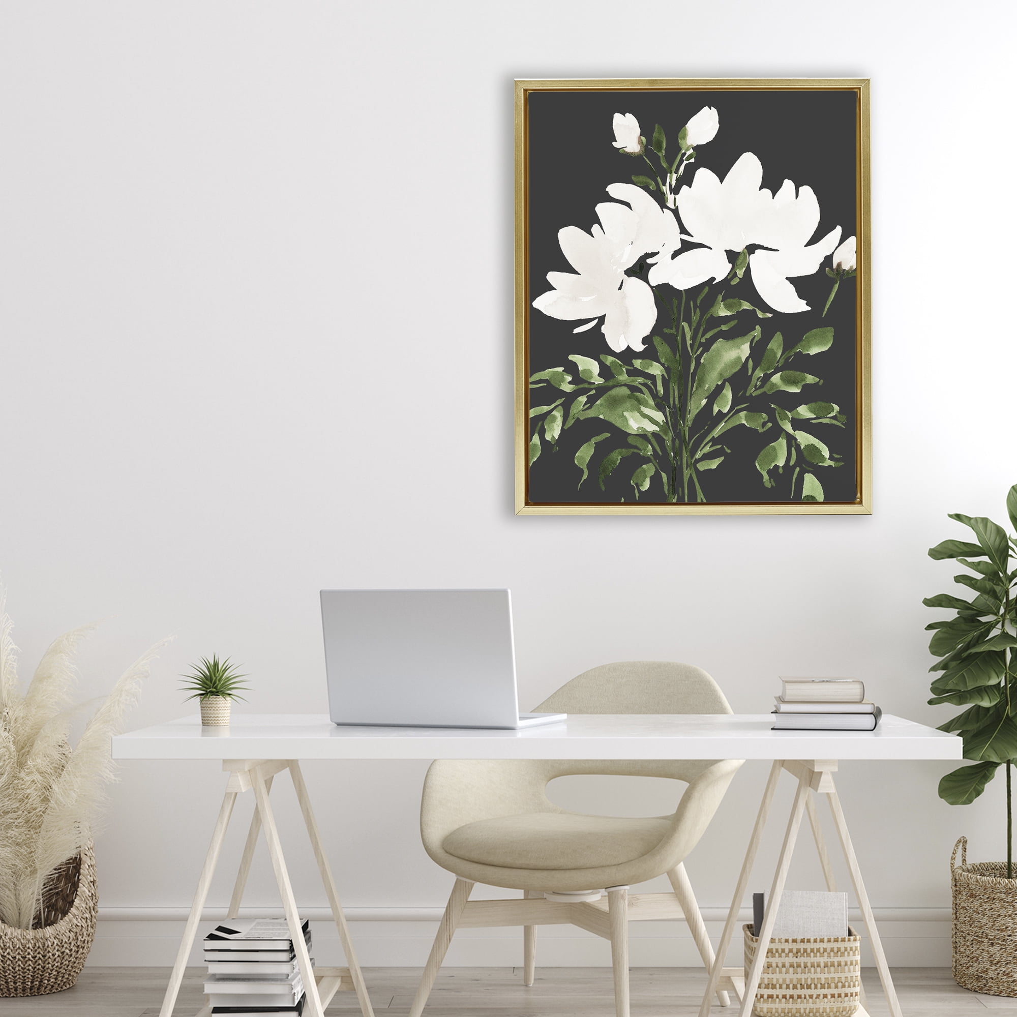 Stupell Industries White On Black Floral Gold Framed Floater Canvas Wall Art, design by Lucille Price