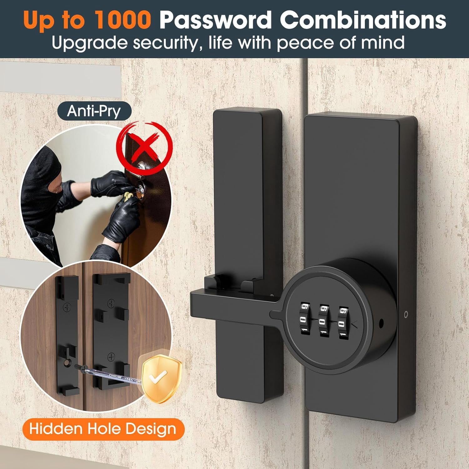 ABCISI Password 180 Degree Barn Door Latch, Keyless Adhesive Flip Latch, Sliding Door Latch with 3-Digit Combination, Cabinet Lock with Glue and Screws for Gate,Shed, Bedroom, Closet (1, Black)