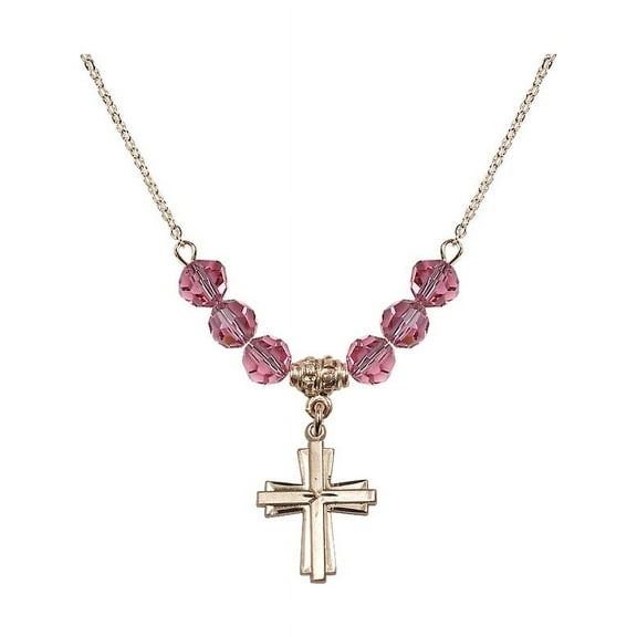18-Inch Hamilton Gold Plated Necklace with 6mm Rose Pink October Birth Month Stone Beads and Cross Charm