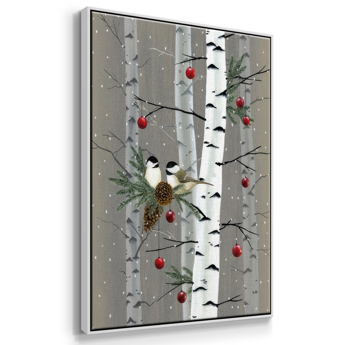 Birch Birds II - Framed Gallery Wrapped Holiday Canvas - 17 x 25 - White Frame
