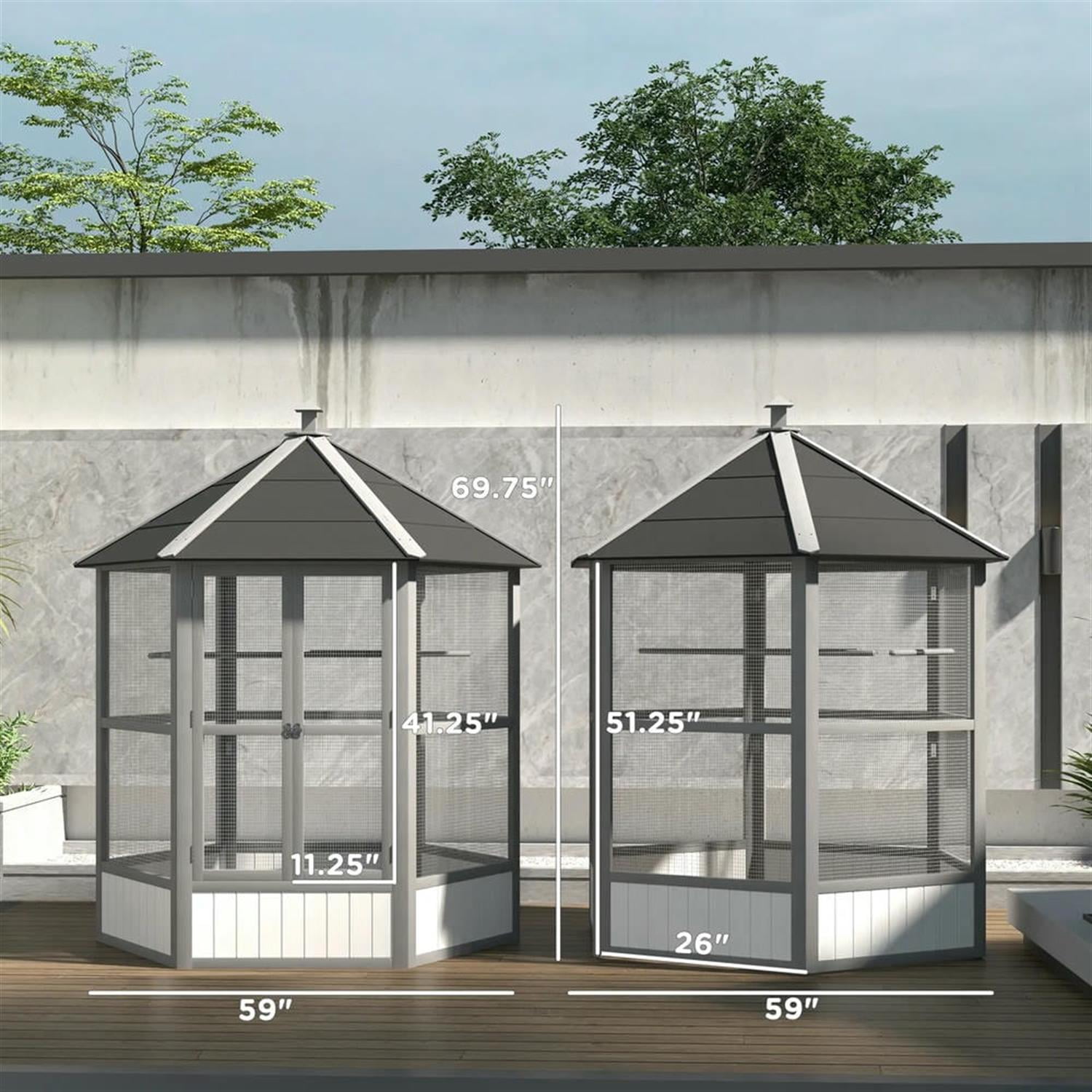 Demi Bonn 69" Height Wooden Outdoor Flight Bird Cage Aviary with Covered Roof for Parrots Conures Lovebird Cockatiel Parakeets, Gray