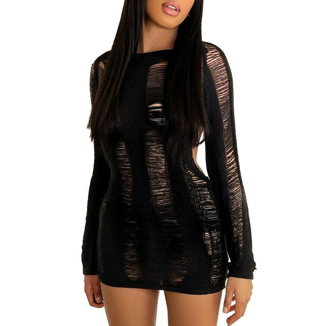 Femmes Mini-Robe à Manches Longues Col Rond Bodycon Mesh Robe Courte Sans Dos Clubwear