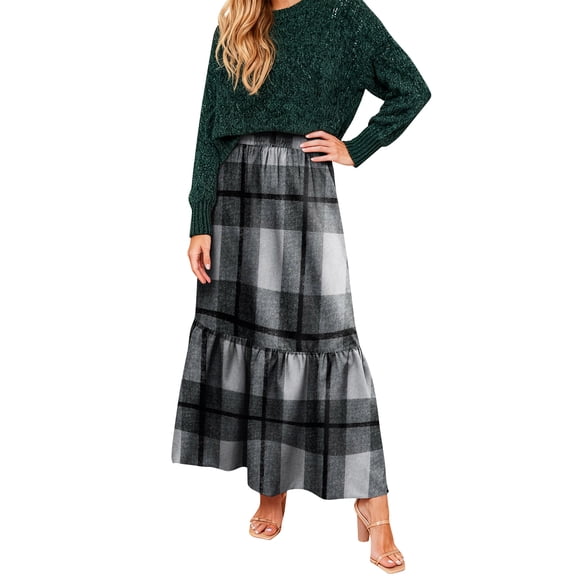 Women Plaid Print Maxi Skirt Elastic Waist Long Skirt Casual Loose Fit Tiered Design Comfortable Style Gray S