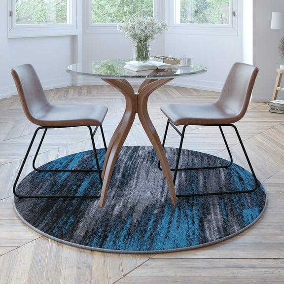 BizChair 5' x 5' Round Blue Abstract Area Rug - Olefin Rug with Jute Backing - Living Room, Bedroom, & Family Rooms