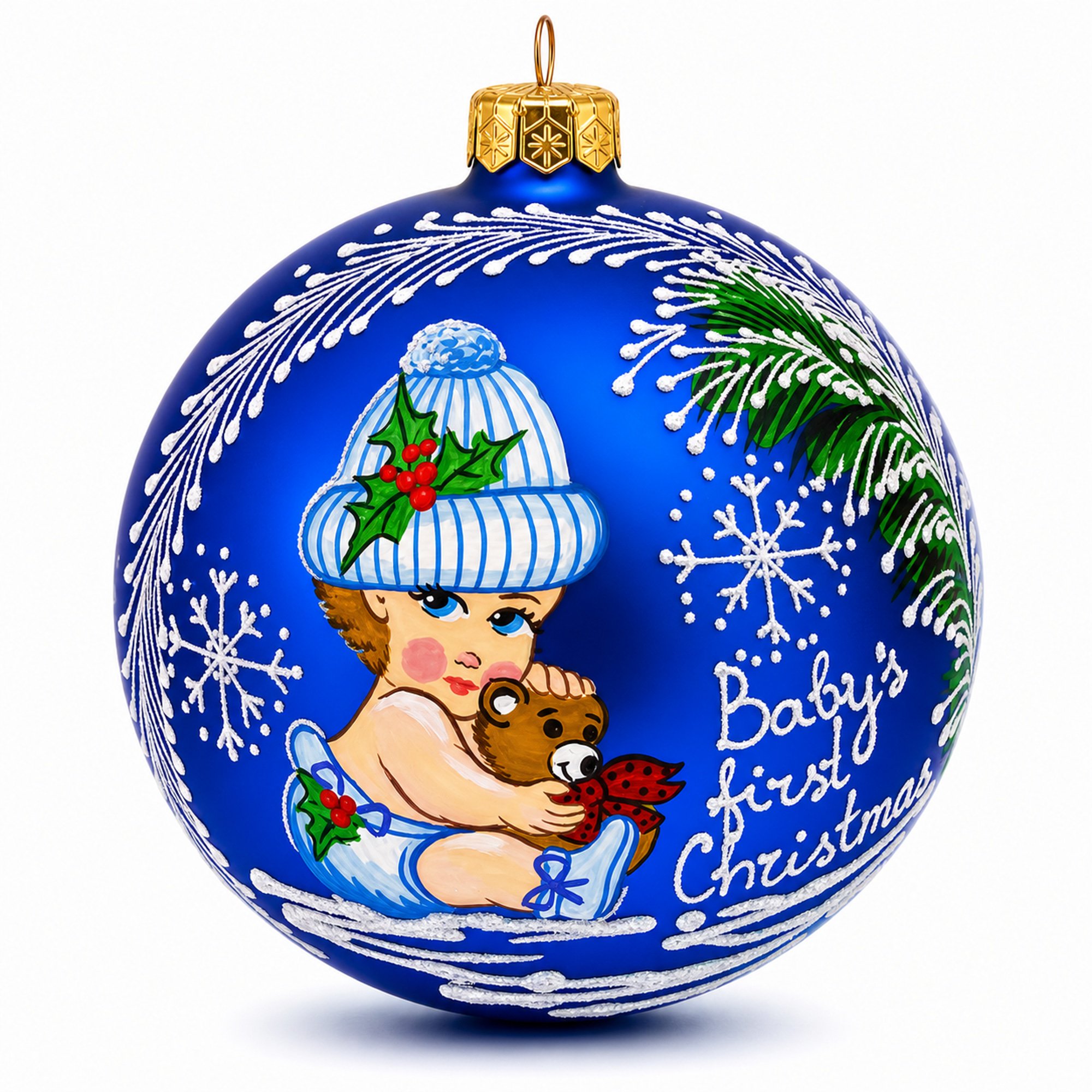 Girl Hugging Teddy Bear Glass Ball Baby's First Christmas Ornament 4 Inches