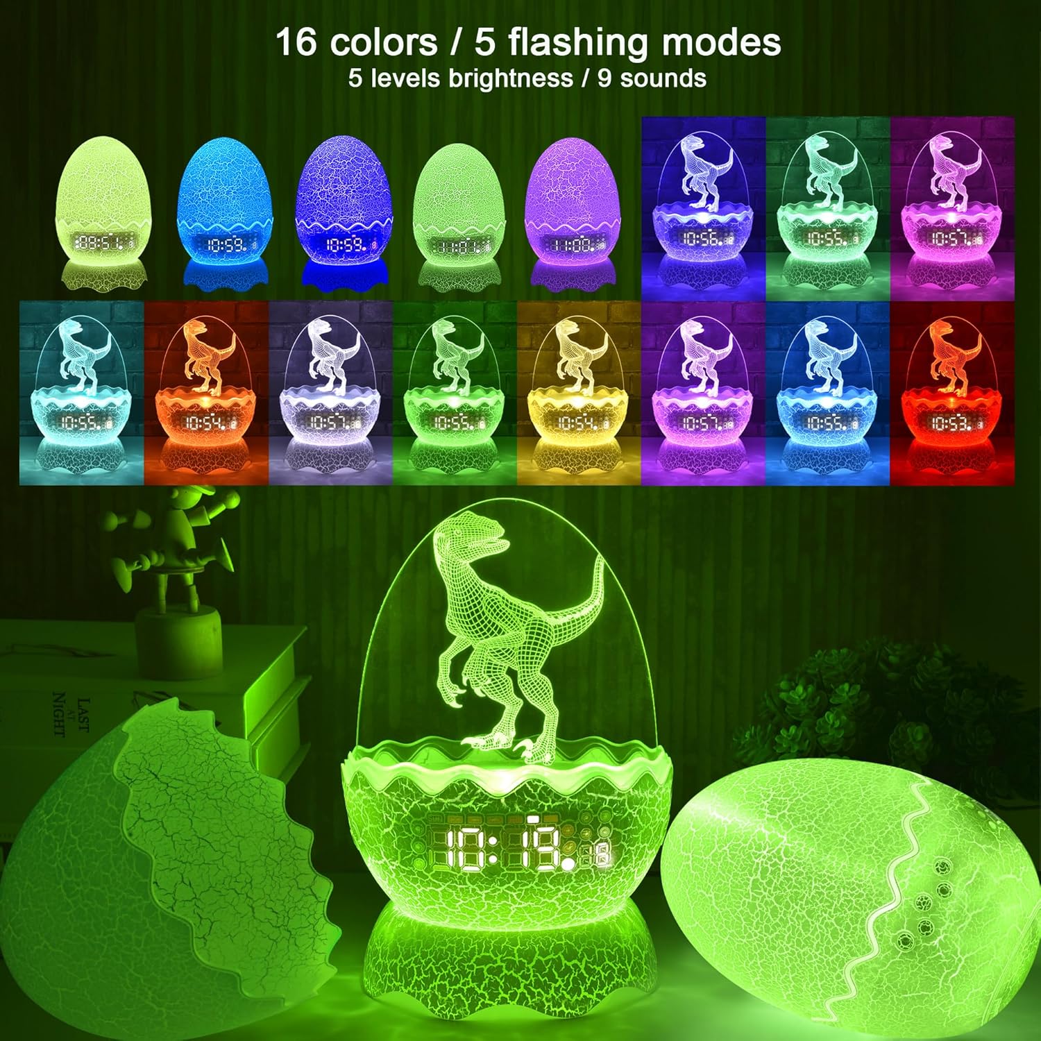 New Dinosaur Egg Clock Dinosaur Night Light Kid's Room Decoration Clock, Remote Control Multi Colors & Music Voice, Cool Dinosaur Decor & Gift Ideal for Kids/Adults
