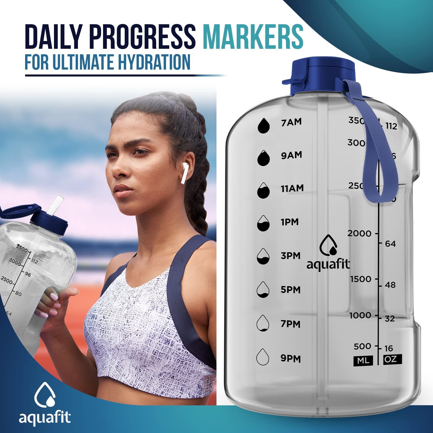 AQUAFIT - Water Bottle with Straw - Motivational Water Bottle, Big Water Bottle with Time Marker - 1 Gallon, Clear