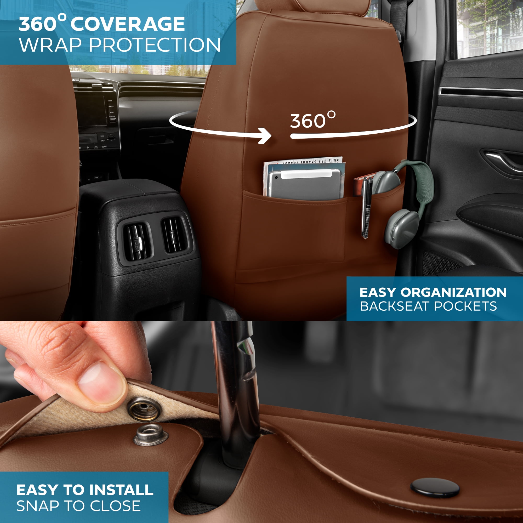 MotorBox Car Seat Covers - Ranch Leatherette Faux Leather Brown Seat Covers for Car - Diamond Stitched Cushioned Interior Protectors for Automotive Accessories, Trucks, SUV, Cars - Two Front Covers