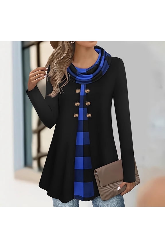 Womens Cowl Neck Long Sleeve Shirts Plaid Patch Buttons Tunic Shirts Fall Winter Casual Loose Fit Sweatshirts Tops