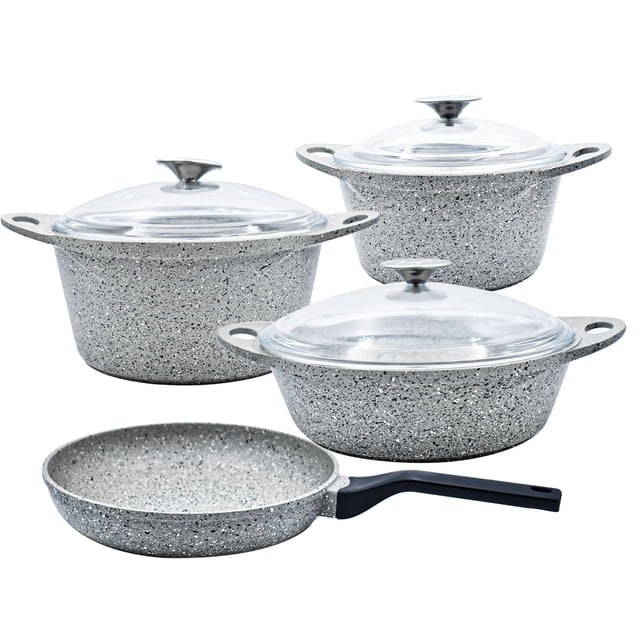 Set de Cacerolas y Sartén, Modelo Granistone, Elaborado de Acero Inoxidable Antiadherente con 7 Capas, Hecho en Turquí, Color Gris