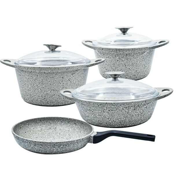Set de Cacerolas y Sartén, Modelo Granistone, Elaborado de Acero Inoxidable Antiadherente con 7 Capas, Hecho en Turquí, Color Gris