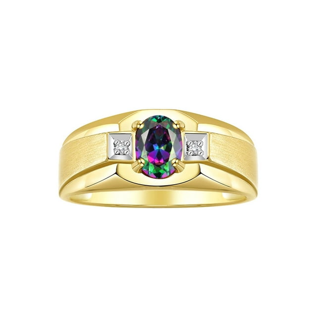 RYLOS Men's Rings 14K Yellow Gold Classic 7X5MM Oval Gemstone & Diamond Ring Alexandrite June Birthstone Rings For Men, Gold Rings Size 10
